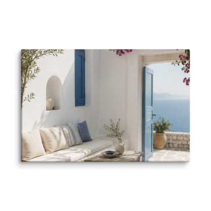 Illustrated Cycladic courtyard scene in white, blue, and stone tones, 12″×18″ size.