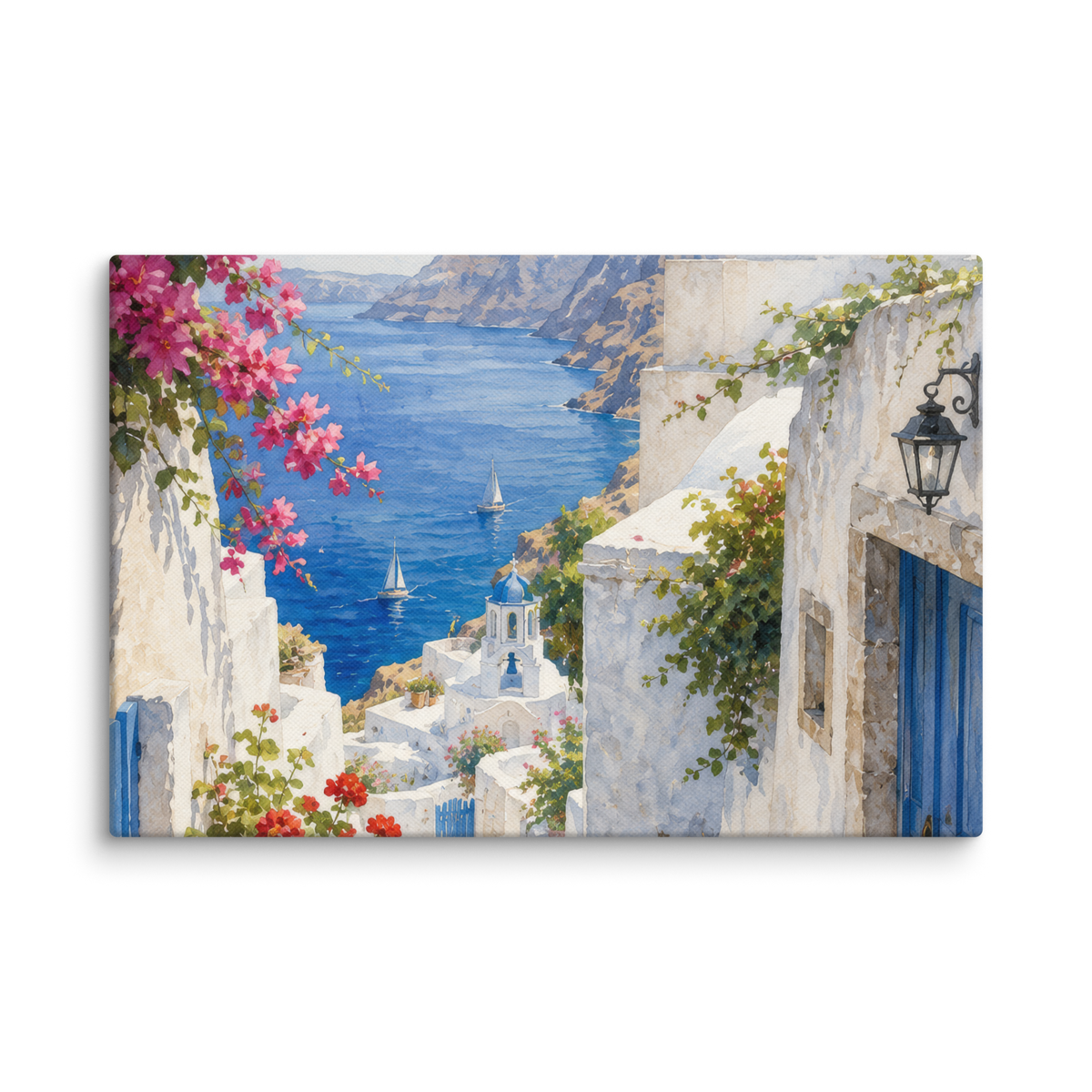 Canvas wall art featuring an illustrated Santorini courtyard scene, 12″×18″ size.