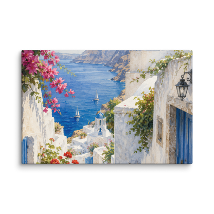 Canvas wall art featuring an illustrated Santorini courtyard scene, 12″×18″ size.