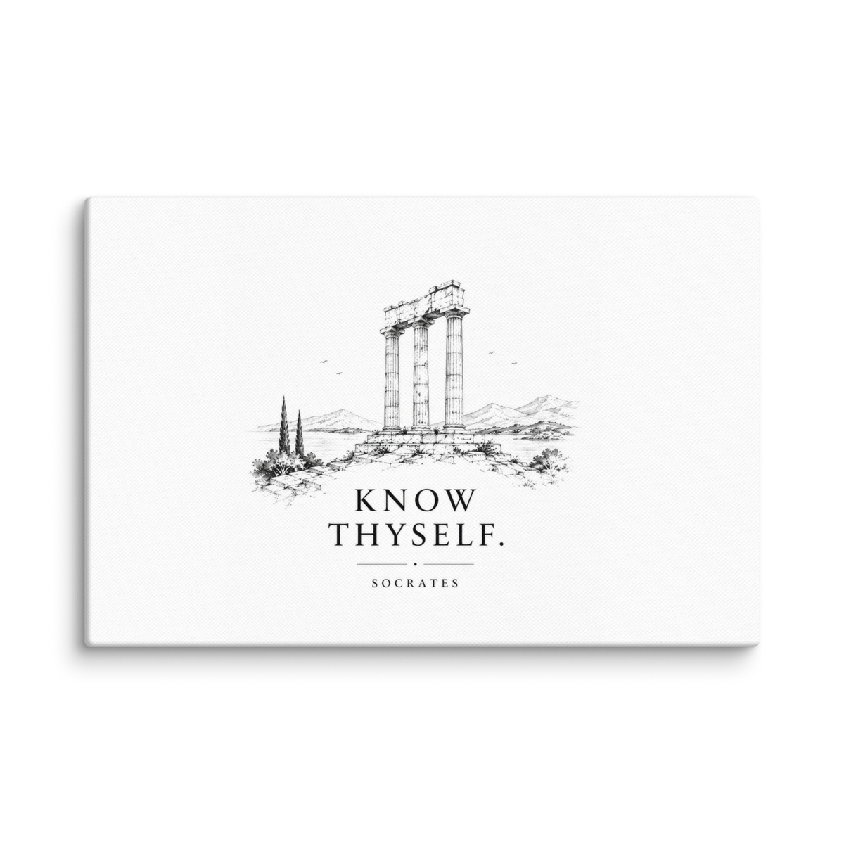Canvas wall art featuring classical ruins and the Know Thyself maxim, 12″×18″ size.