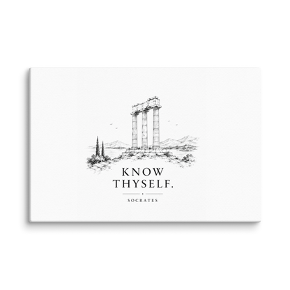 Canvas wall art featuring classical ruins and the Know Thyself maxim, 12″×18″ size.