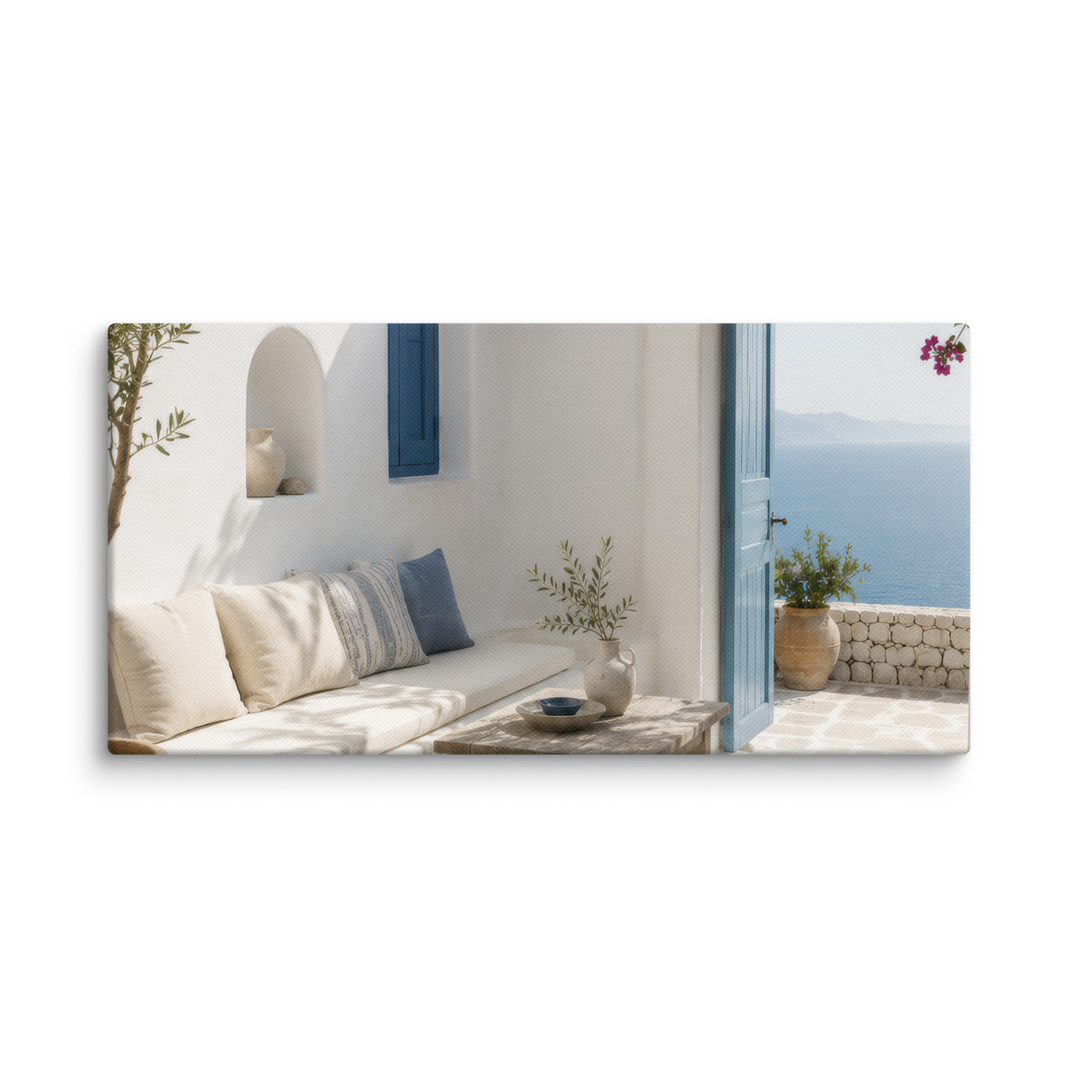 Illustrated Cycladic courtyard scene in white, blue, and stone tones, 12″×24″ size.