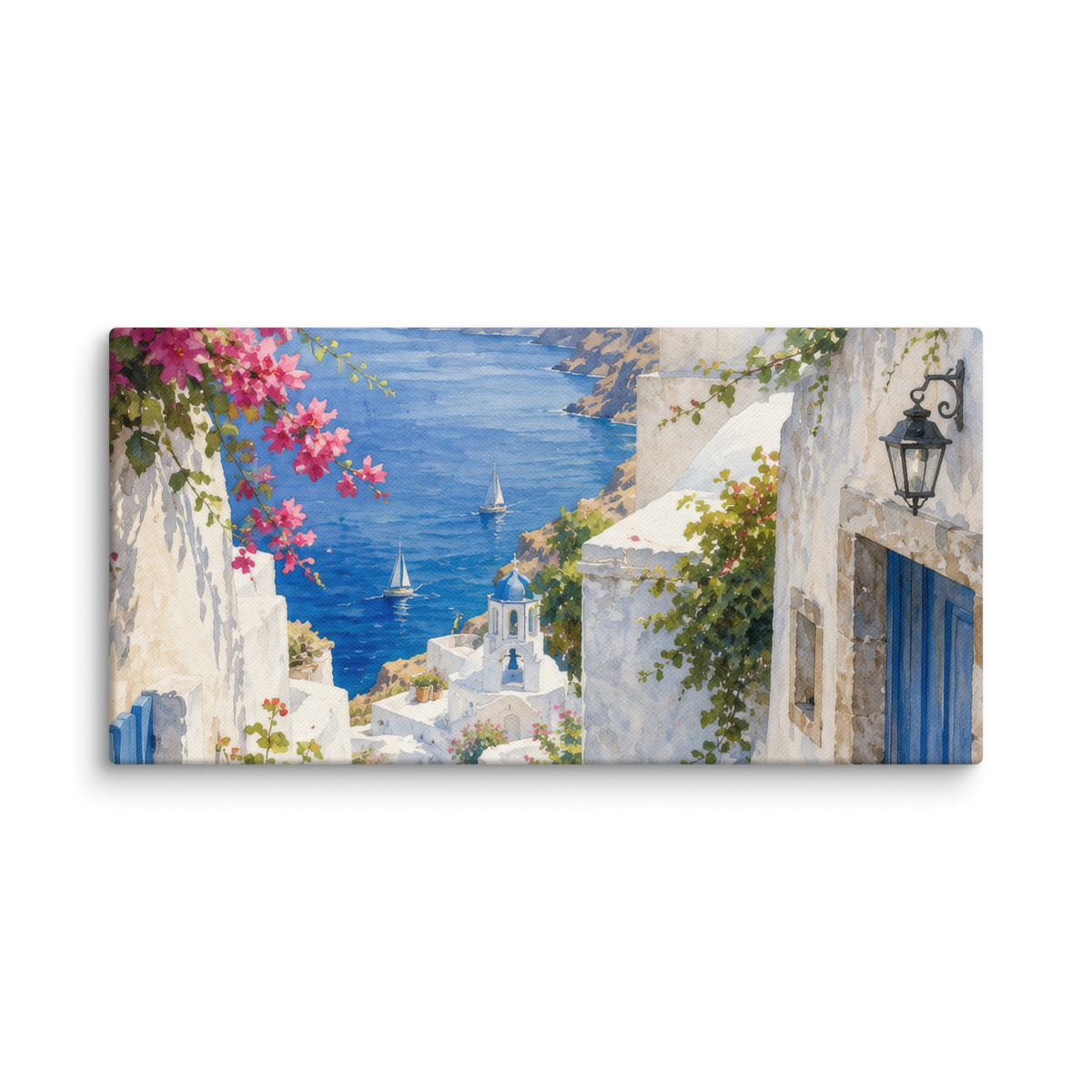 Canvas wall art featuring an illustrated Santorini courtyard scene, 12″×24″ size.