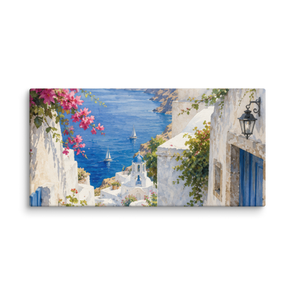 Canvas wall art featuring an illustrated Santorini courtyard scene, 12″×24″ size.