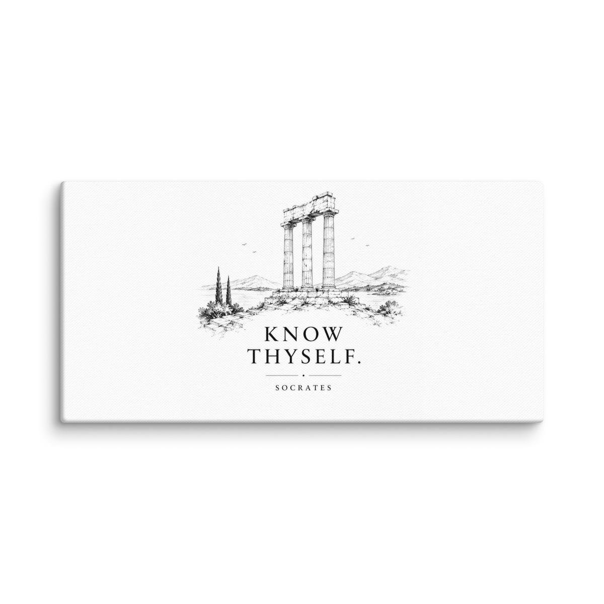 Canvas wall art featuring classical ruins and the Know Thyself maxim, 12″×24″ size.