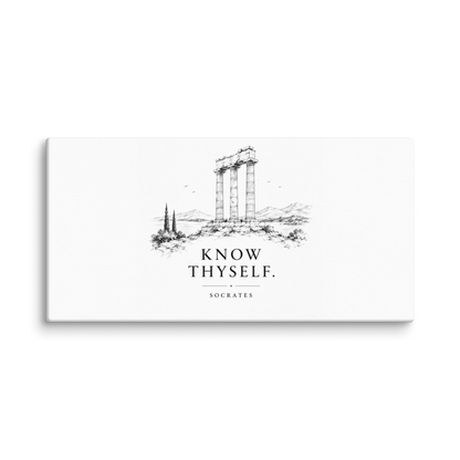 Canvas wall art featuring classical ruins and the Know Thyself maxim, 12″×24″ size.