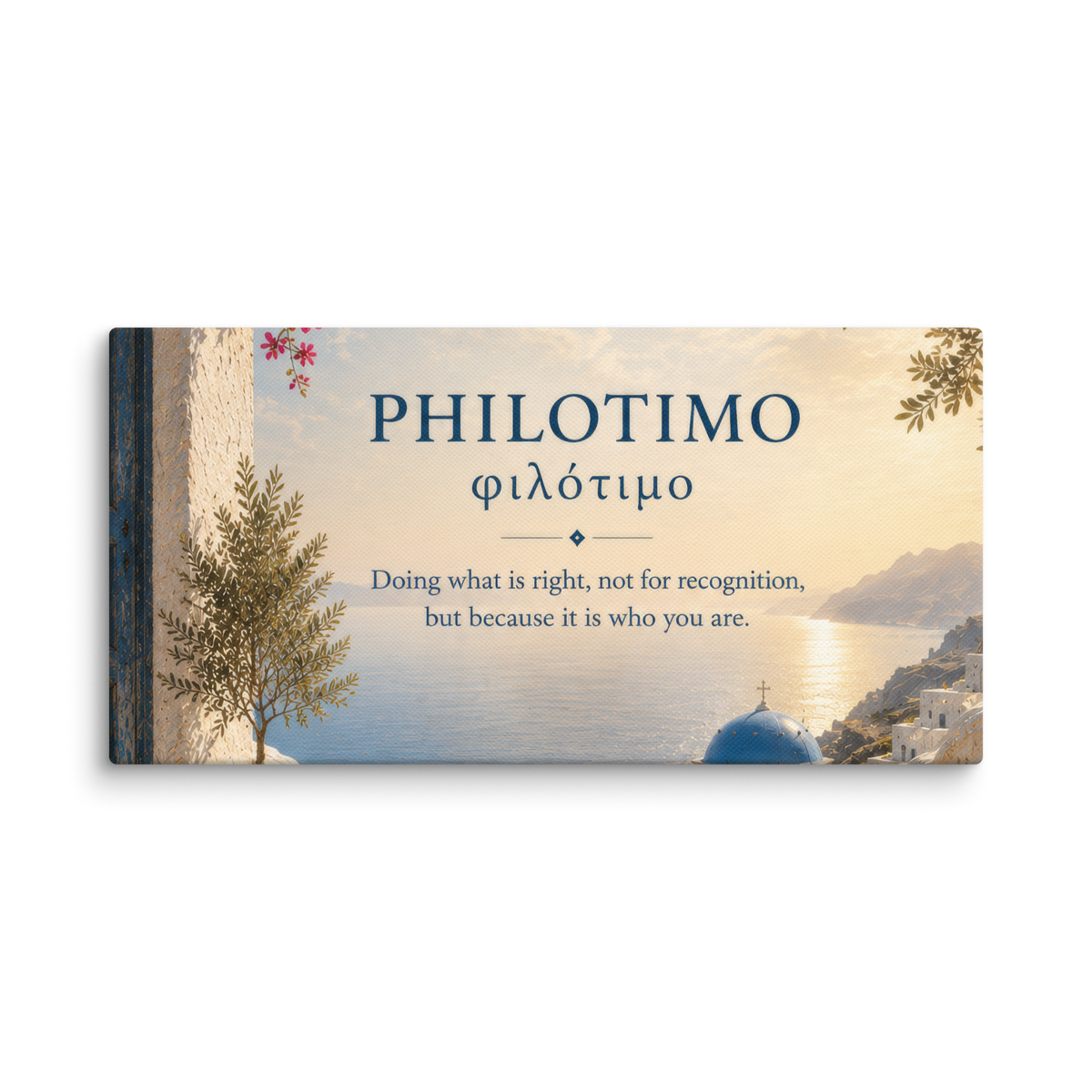 Canvas wall art featuring a minimalist design around the Greek concept of philotimo, 12″×24″ size.