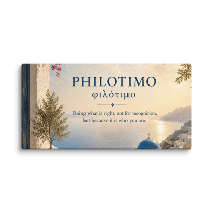 Canvas wall art featuring a minimalist design around the Greek concept of philotimo, 12″×24″ size.