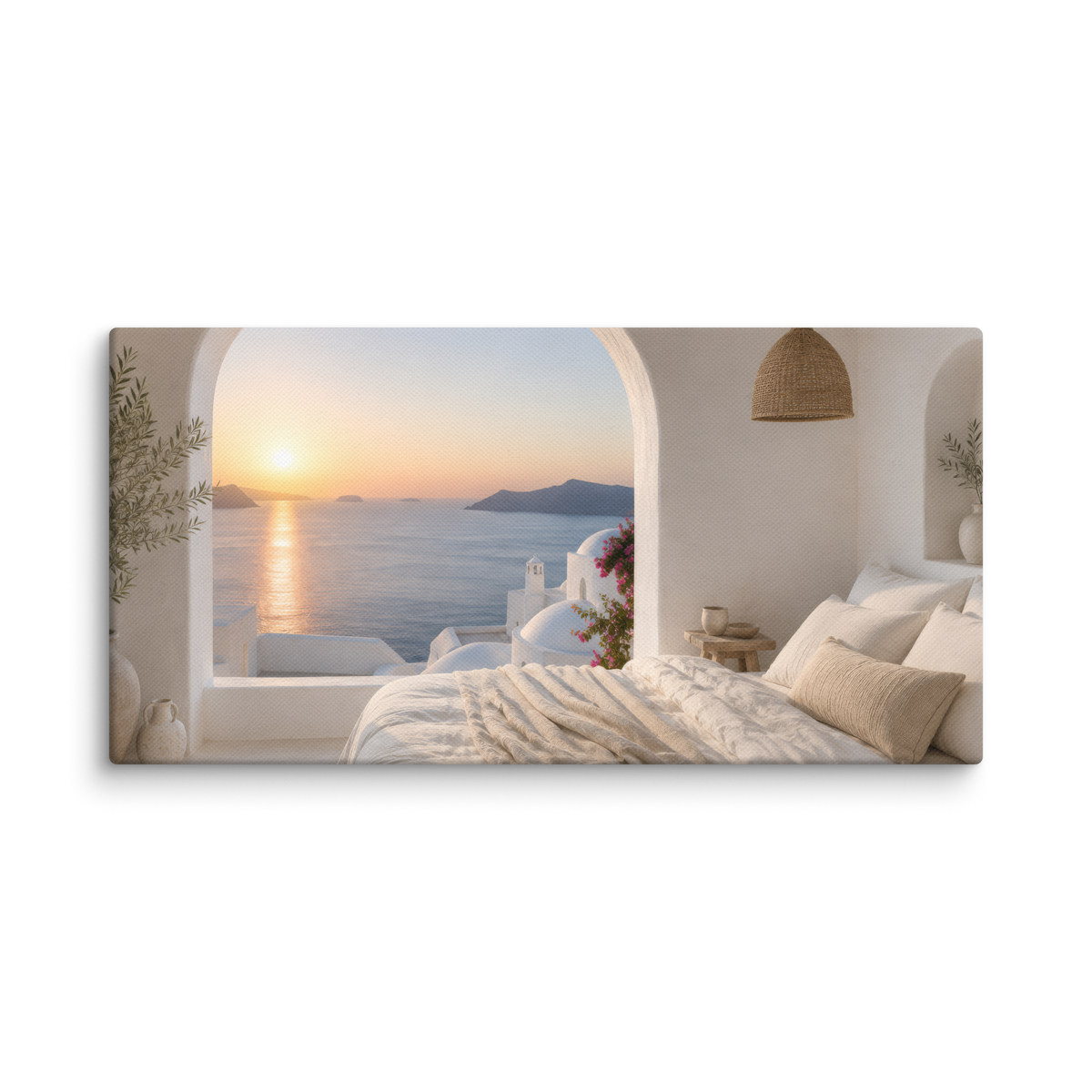 Illustrated Greek-island bedroom scene with whitewashed walls and sea-blue light, 12″×24″ size.