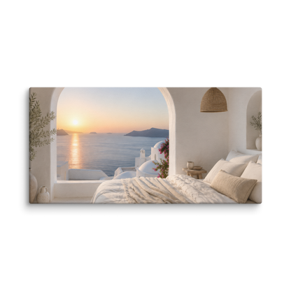 Illustrated Greek-island bedroom scene with whitewashed walls and sea-blue light, 12″×24″ size.