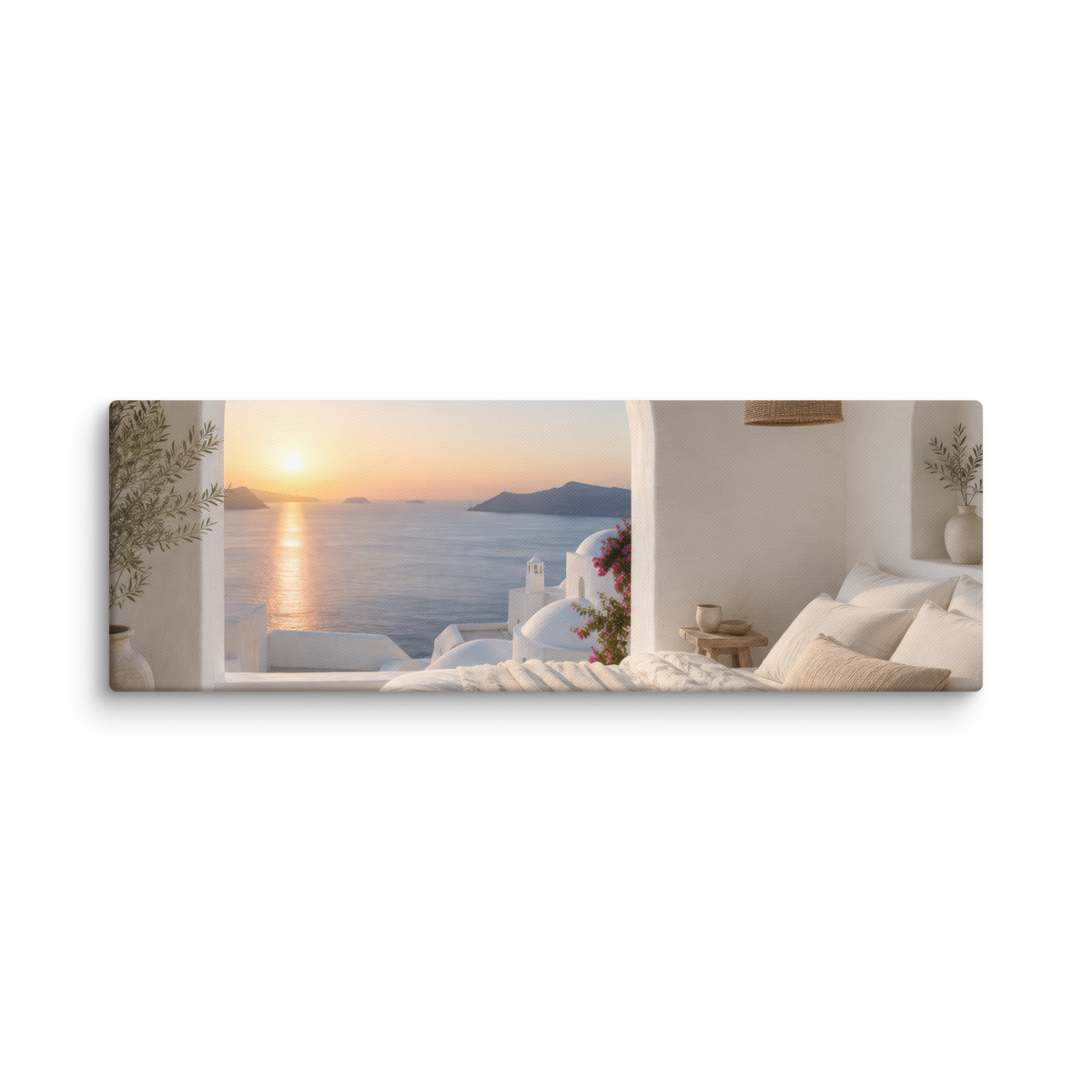 Illustrated Greek-island bedroom scene with whitewashed walls and sea-blue light, 12″×36″ size.