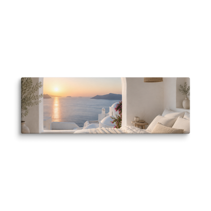 Illustrated Greek-island bedroom scene with whitewashed walls and sea-blue light, 12″×36″ size.
