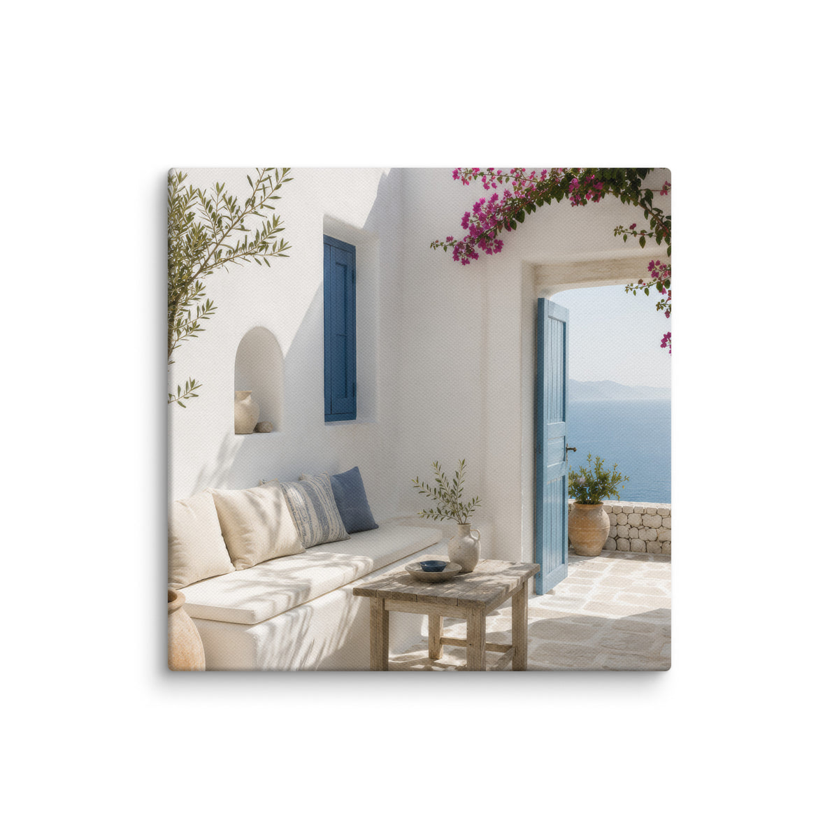 Illustrated Cycladic courtyard scene in white, blue, and stone tones, 14″×14″ size.