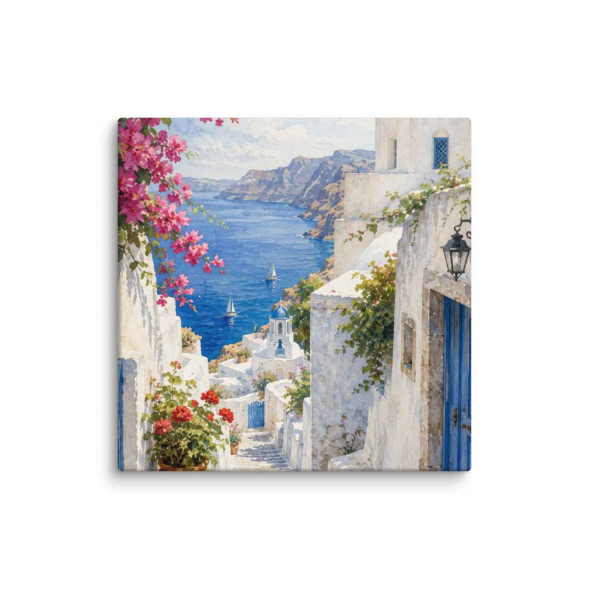 Canvas wall art featuring an illustrated Santorini courtyard scene, 14″×14″ size.