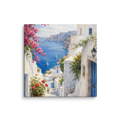 Canvas wall art featuring an illustrated Santorini courtyard scene, 14″×14″ size.