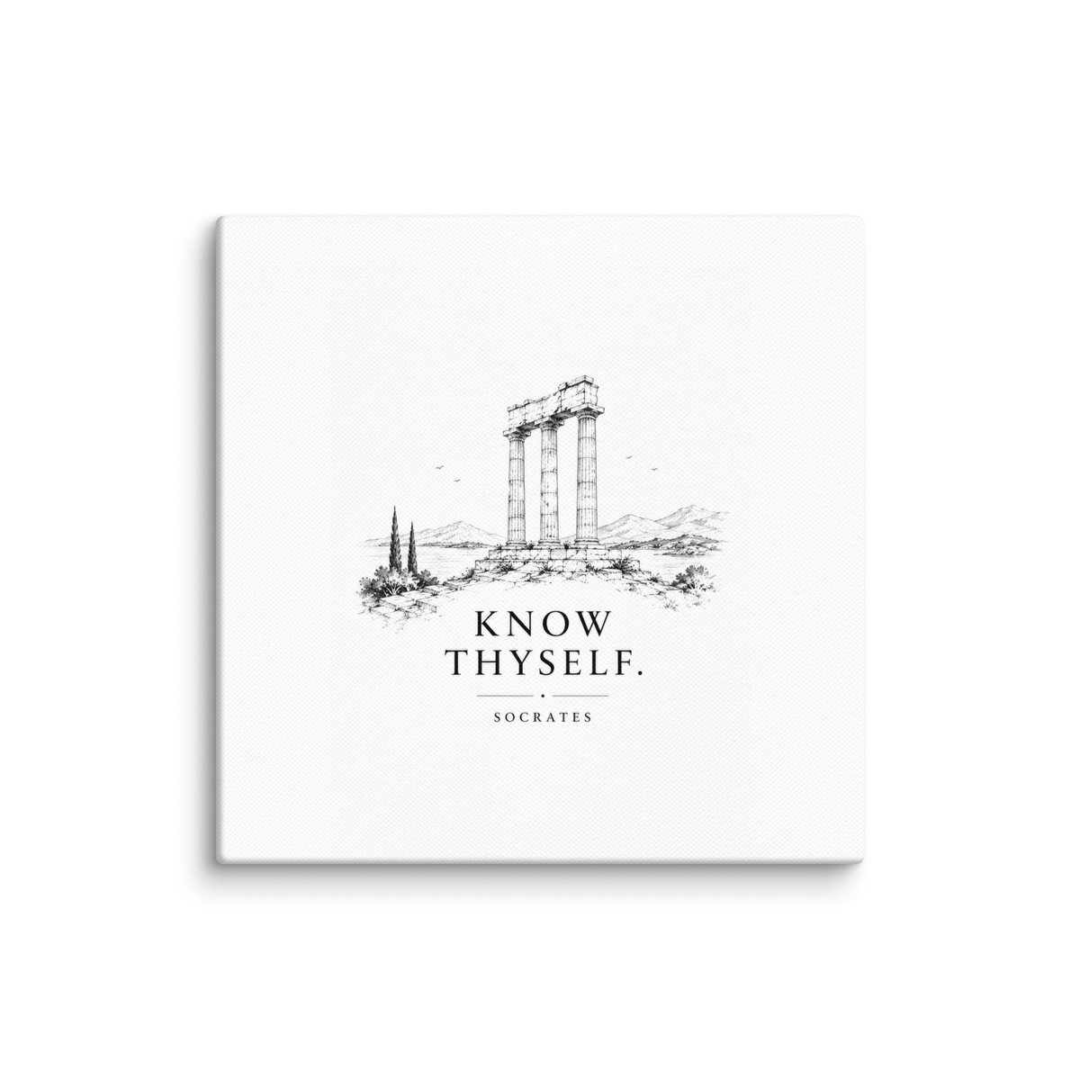 Canvas wall art featuring classical ruins and the Know Thyself maxim, 14″×14″ size.