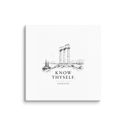 Canvas wall art featuring classical ruins and the Know Thyself maxim, 14″×14″ size.