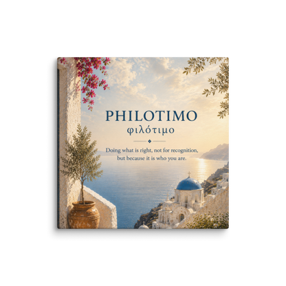 Canvas wall art featuring a minimalist design around the Greek concept of philotimo, 14″×14″ size.