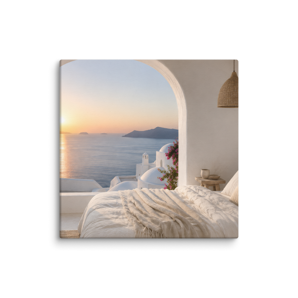 Illustrated Greek-island bedroom scene with whitewashed walls and sea-blue light, 14″×14″ size.