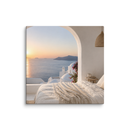 Illustrated Greek-island bedroom scene with whitewashed walls and sea-blue light, 14″×14″ size.