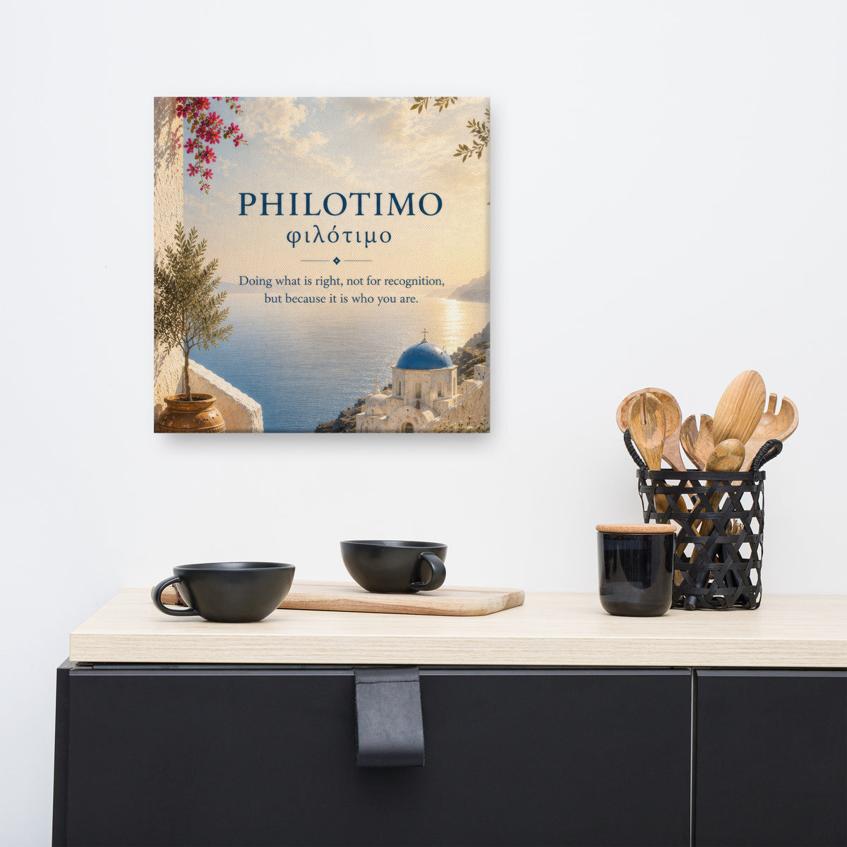 Canvas wall art featuring a minimalist design around the Greek concept of philotimo, 16″×16″ size.