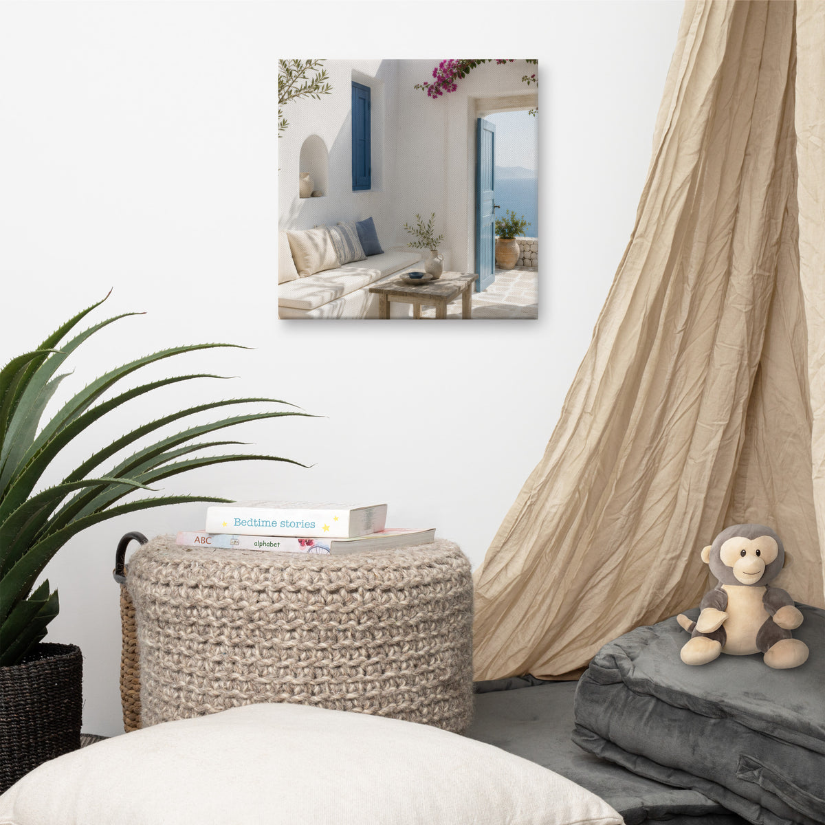 Illustrated Cycladic courtyard scene in white, blue, and stone tones — additional product photo.