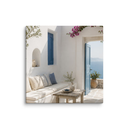 Illustrated Cycladic courtyard scene in white, blue, and stone tones, 16″×16″ size.