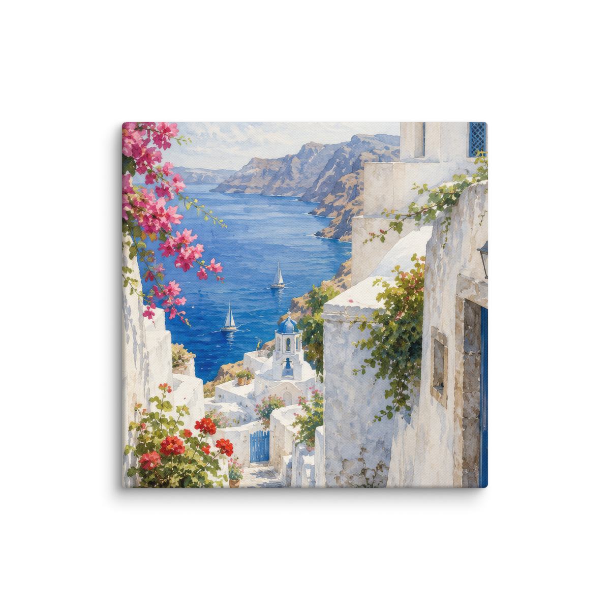 Canvas wall art featuring an illustrated Santorini courtyard scene, 16″×16″ size.