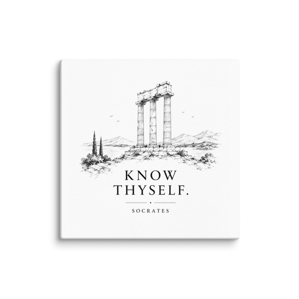 Canvas wall art featuring classical ruins and the Know Thyself maxim, 16″×16″ size.