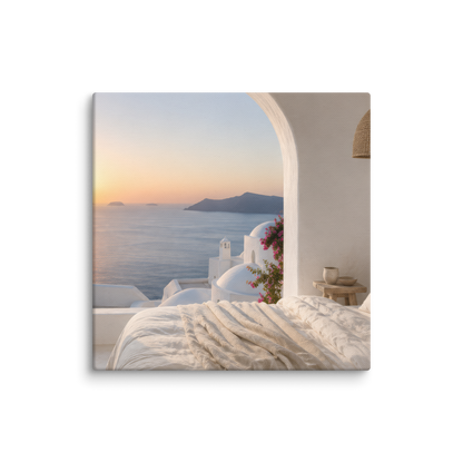 Illustrated Greek-island bedroom scene with whitewashed walls and sea-blue light, 16″×16″ size.