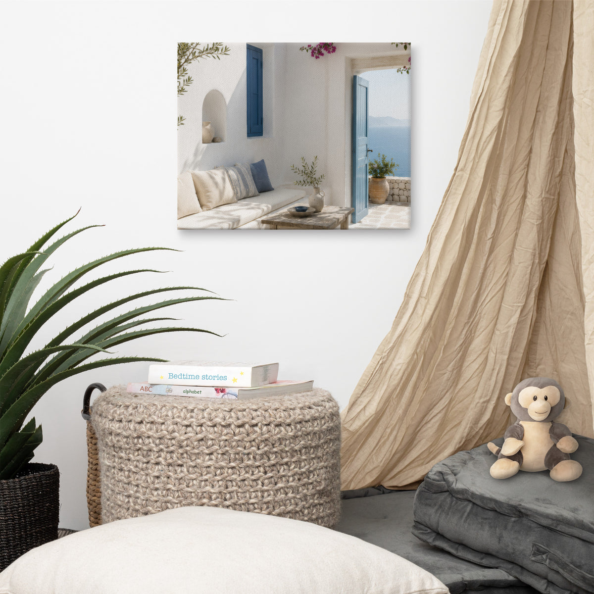Illustrated Cycladic courtyard scene in white, blue, and stone tones — additional product photo.