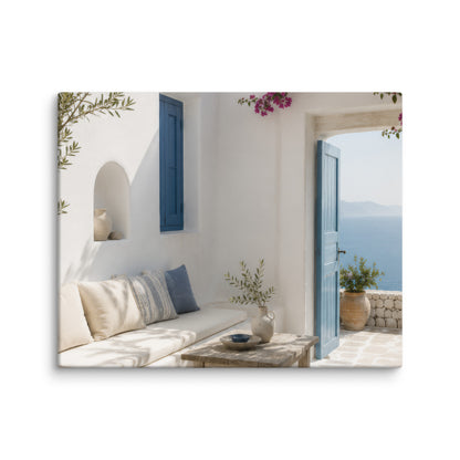 Illustrated Cycladic courtyard scene in white, blue, and stone tones, 16″×20″ size.