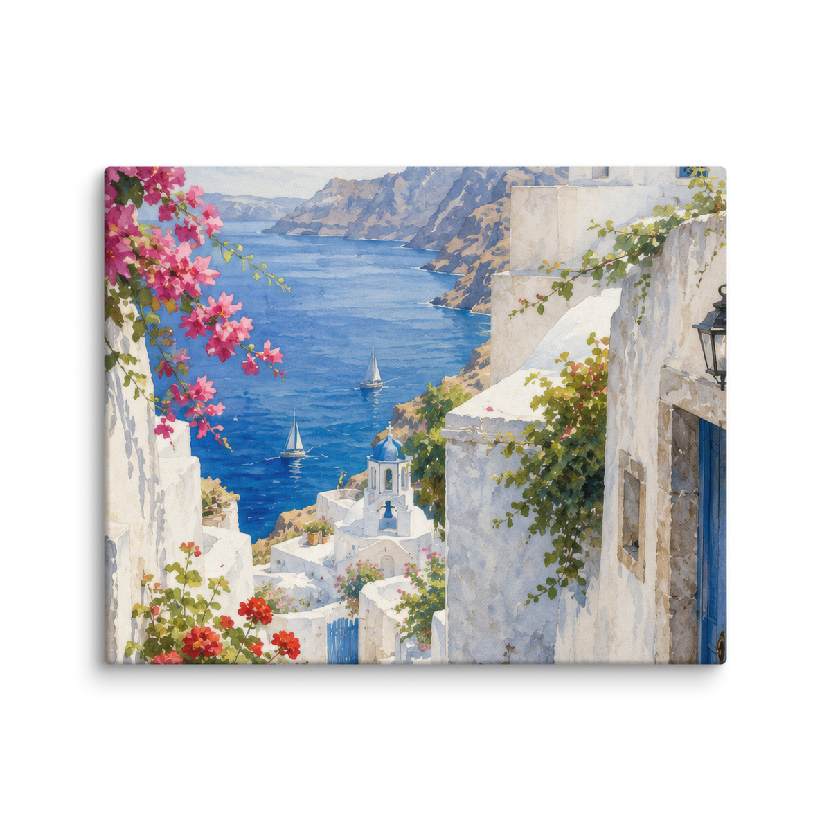 Canvas wall art featuring an illustrated Santorini courtyard scene, 16″×20″ size.
