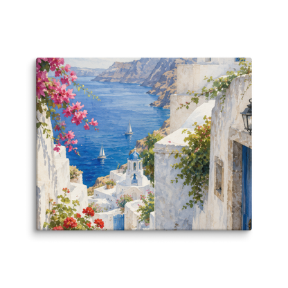 Canvas wall art featuring an illustrated Santorini courtyard scene, 16″×20″ size.
