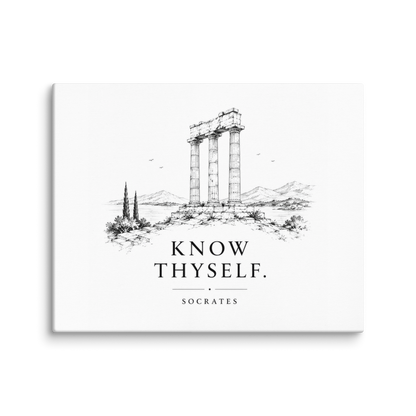 Canvas wall art featuring classical ruins and the Know Thyself maxim, 16″×20″ size.