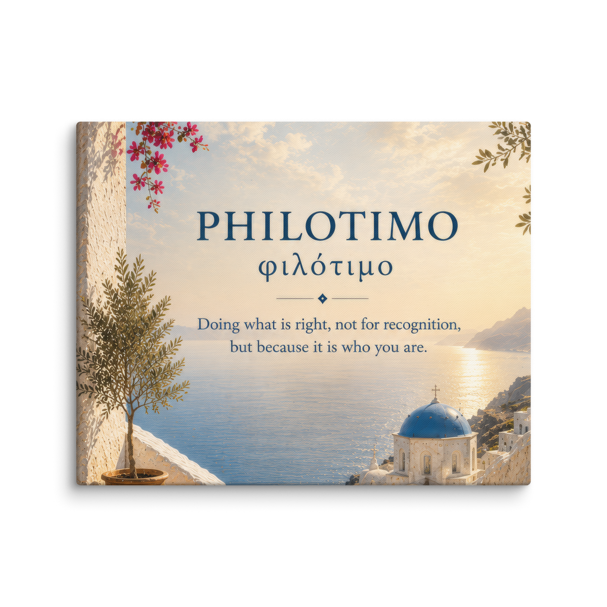 Canvas wall art featuring a minimalist design around the Greek concept of philotimo, 16″×20″ size.