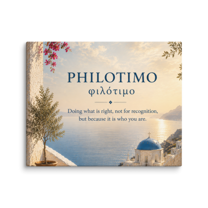 Canvas wall art featuring a minimalist design around the Greek concept of philotimo, 16″×20″ size.