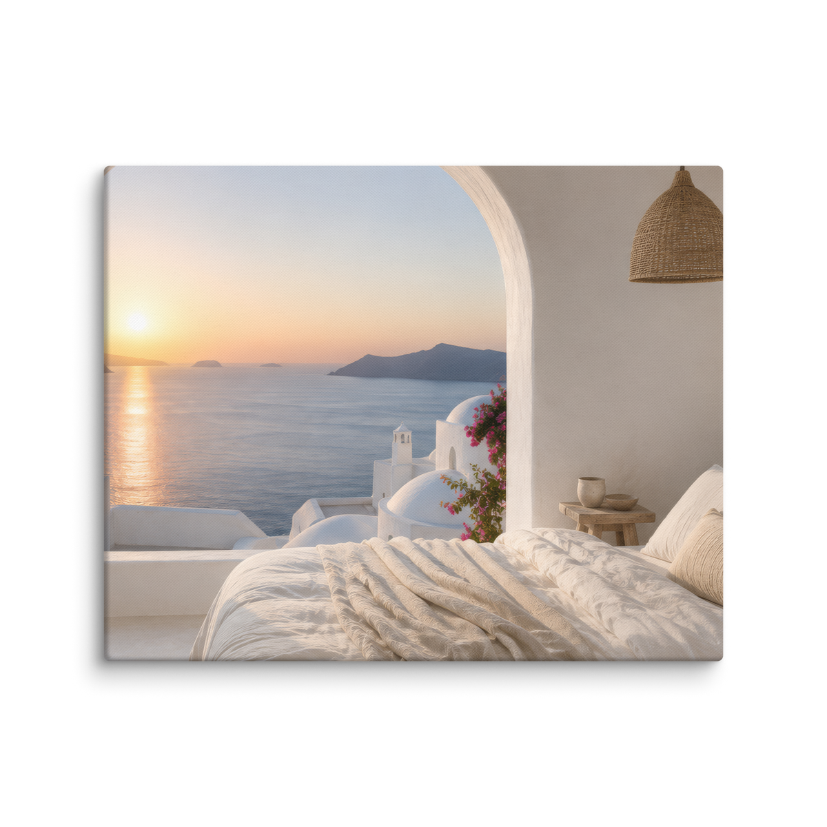 Illustrated Greek-island bedroom scene with whitewashed walls and sea-blue light, 16″×20″ size.