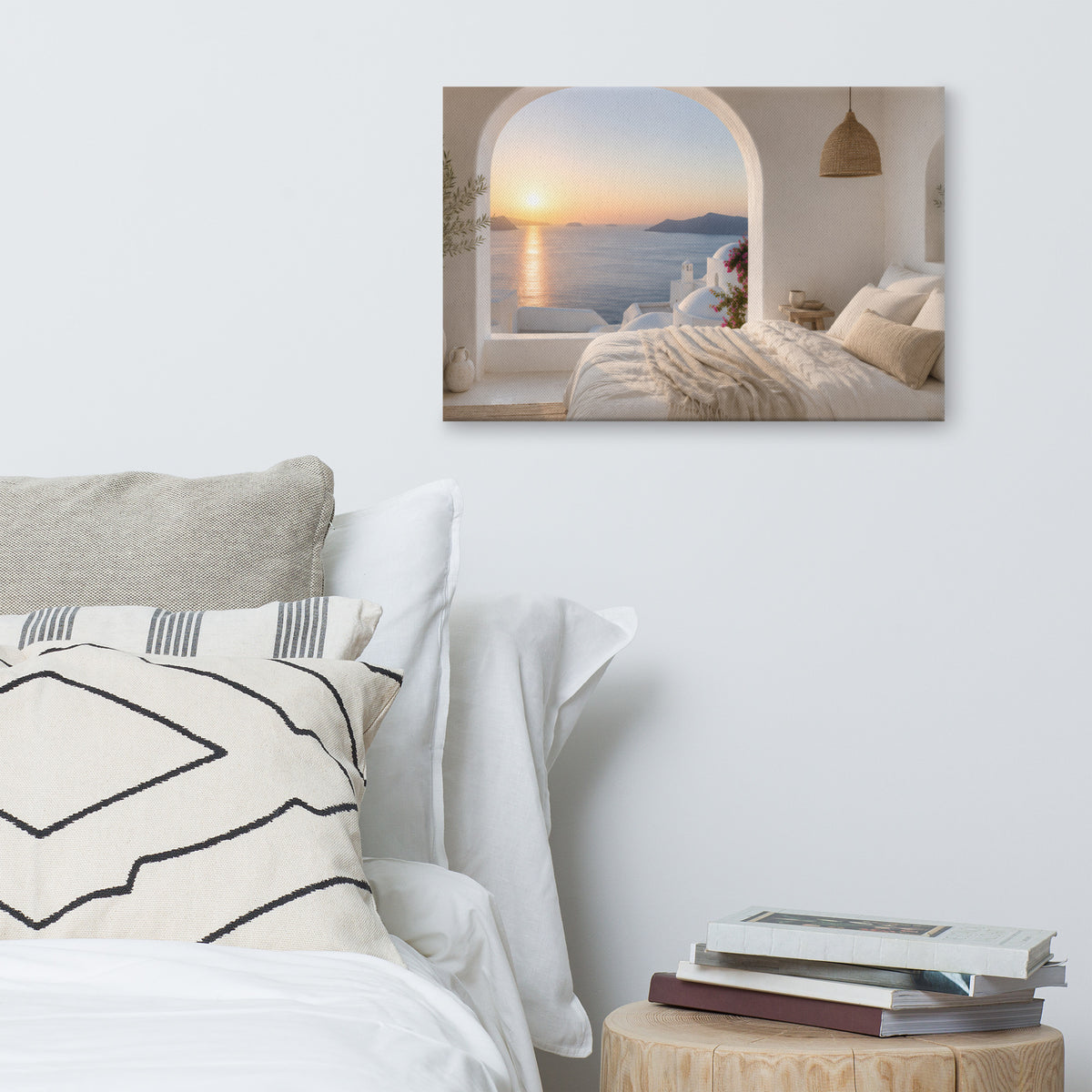Illustrated Greek-island bedroom scene with whitewashed walls and sea-blue light, 16″×24″ size.