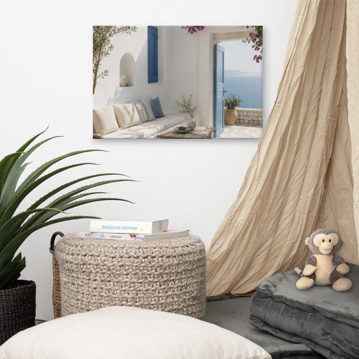 Illustrated Cycladic courtyard scene in white, blue, and stone tones — additional product photo.