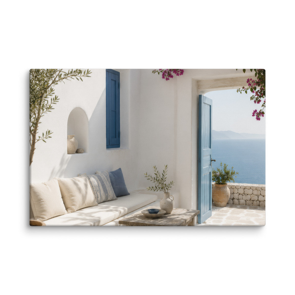 Illustrated Cycladic courtyard scene in white, blue, and stone tones, 16″×24″ size.