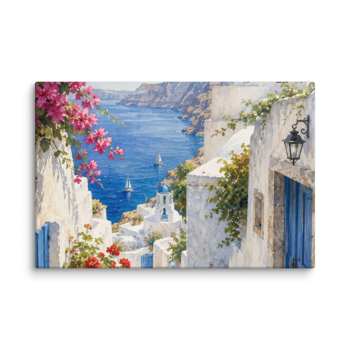 Canvas wall art featuring an illustrated Santorini courtyard scene, 16″×24″ size.
