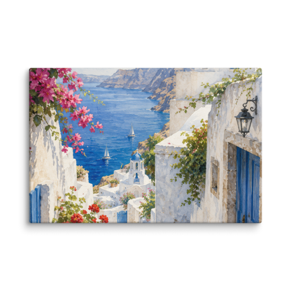 Canvas wall art featuring an illustrated Santorini courtyard scene, 16″×24″ size.