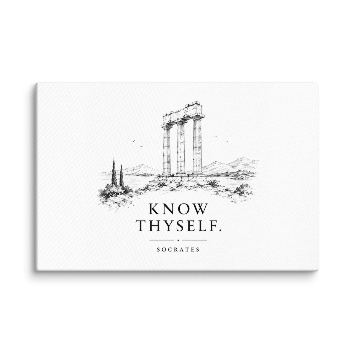Canvas wall art featuring classical ruins and the Know Thyself maxim, 16″×24″ size.