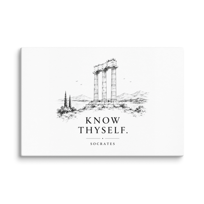 Canvas wall art featuring classical ruins and the Know Thyself maxim, 16″×24″ size.