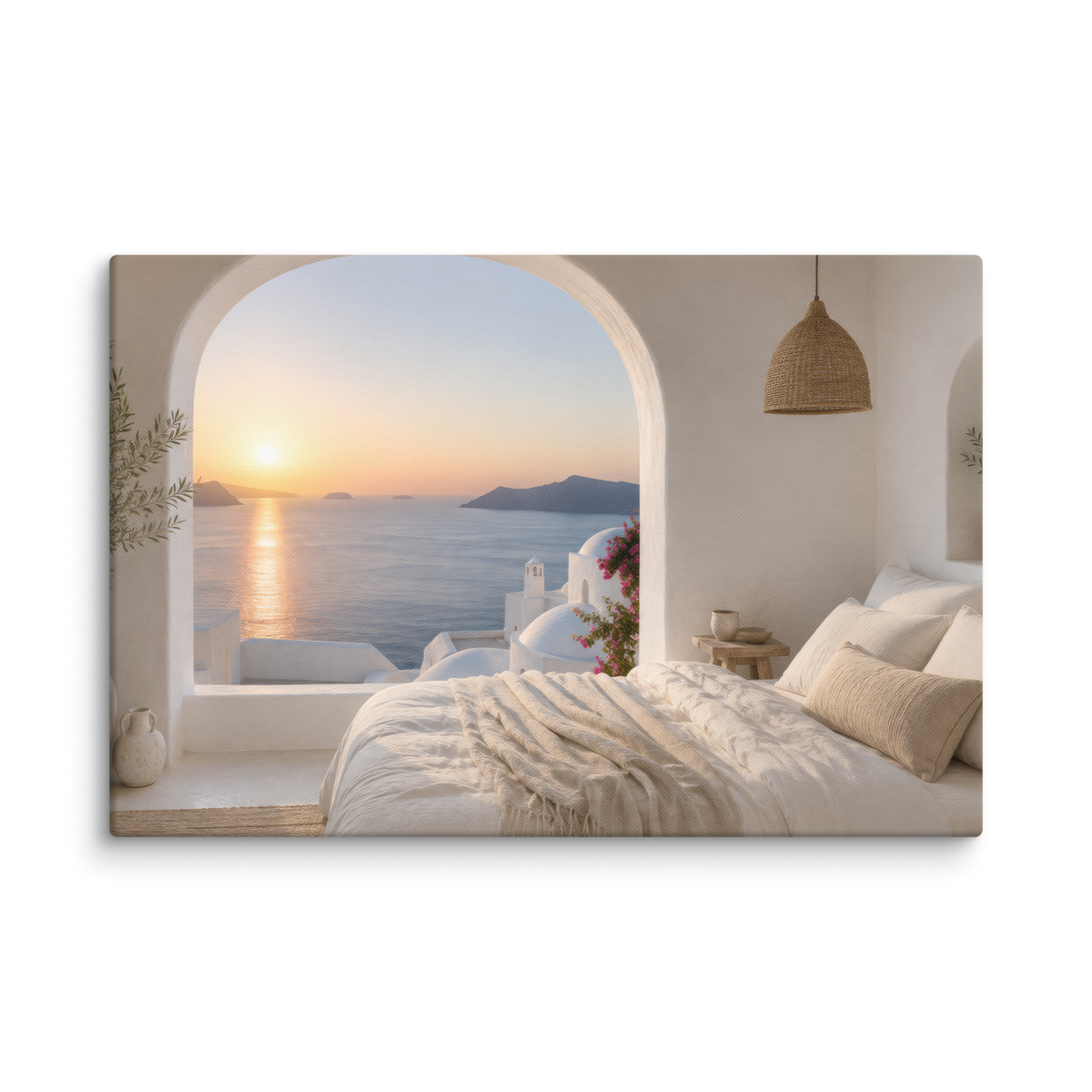 Illustrated Greek-island bedroom scene with whitewashed walls and sea-blue light — additional product photo.