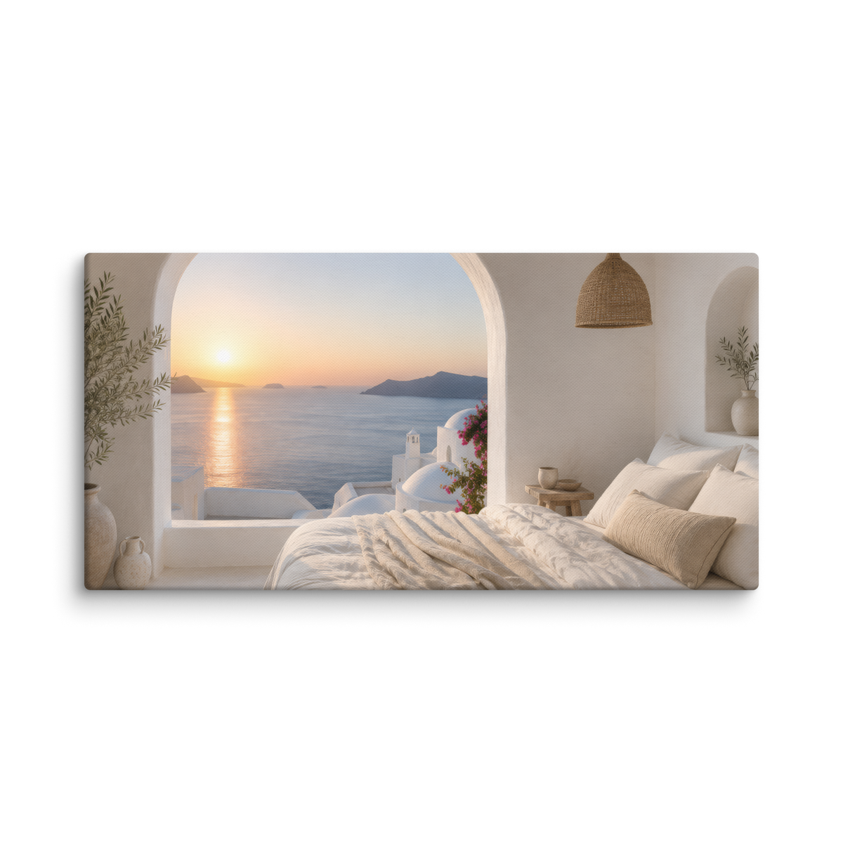 Illustrated Greek-island bedroom scene with whitewashed walls and sea-blue light, 16″×32″ size.