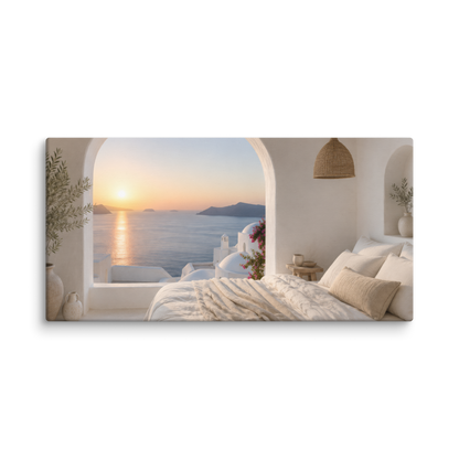 Illustrated Greek-island bedroom scene with whitewashed walls and sea-blue light, 16″×32″ size.