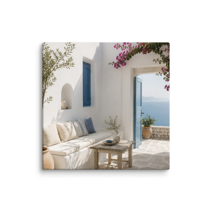 Illustrated Cycladic courtyard scene in white, blue, and stone tones, 18″×18″ size.