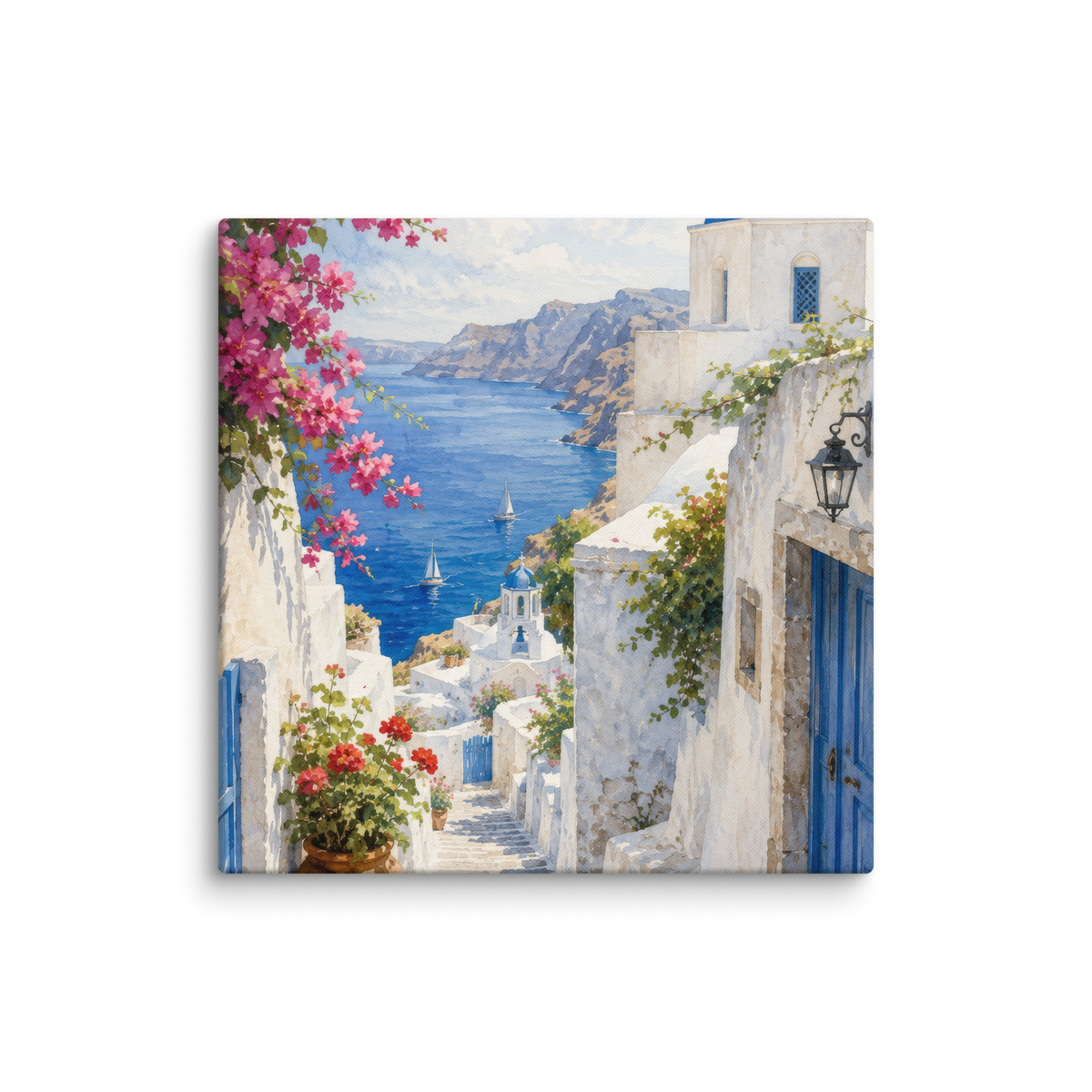 Canvas wall art featuring an illustrated Santorini courtyard scene, 18″×18″ size.